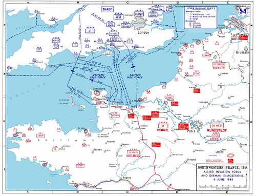 Karte der Normandie mit der Operation Neptune am 06.06.1944. Die Operation Neptune war ein Teil der unter dem Decknamen Operation Overlord durchgeführten Landung der Alliierten in der Normandie im Zweiten Weltkrieg. 