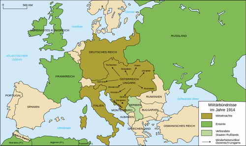 Militärische Bündnisse 1914 in Europa - grün: Entente; ocker: Mittelmächte, hellgrün: Russlands verbündete Staaten , vergößern