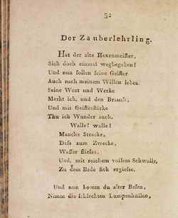 Die erste Seite des Zauberlehrlings im von Friedrich Schiller herausgegebenen Musenalmanach 1798