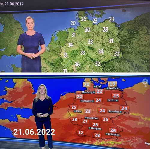 Die Wetterkarte in der ARD zum Vergleich: Die obere Wetterkarte ist vom 21.06.2017, die untere ist vom 21.06.2022